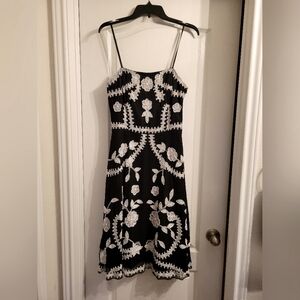 Adrianna Papell Black and White Embroidery Midi Evening Dress
